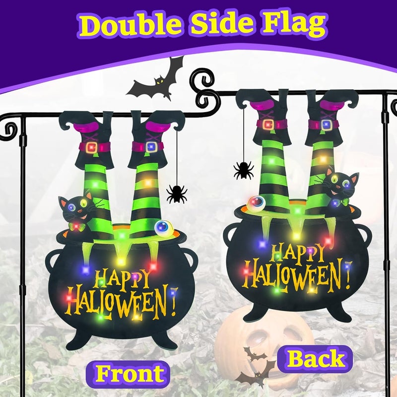 FLAGMESAGE Halloween Lighted Garden Flag for Outside, Led Solar Yard Flag 8 Modes Witch Feet Shape Flag, 12x18 Double Sided Cauldron Eyeball Black Cat Decorations for Home Porch - Image 3